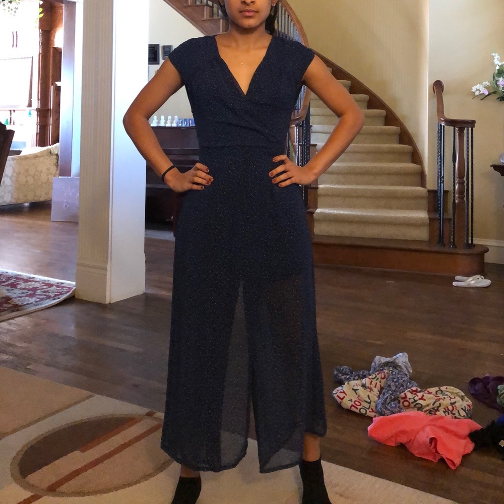 Dark Blue Wrap-Style Polka-Dotted Jumpsuit